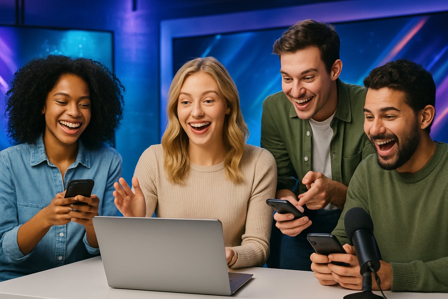 A diverse group of people enthusiastically participating in a live giveaway event, using smartphones and laptops in a modern studio setting.