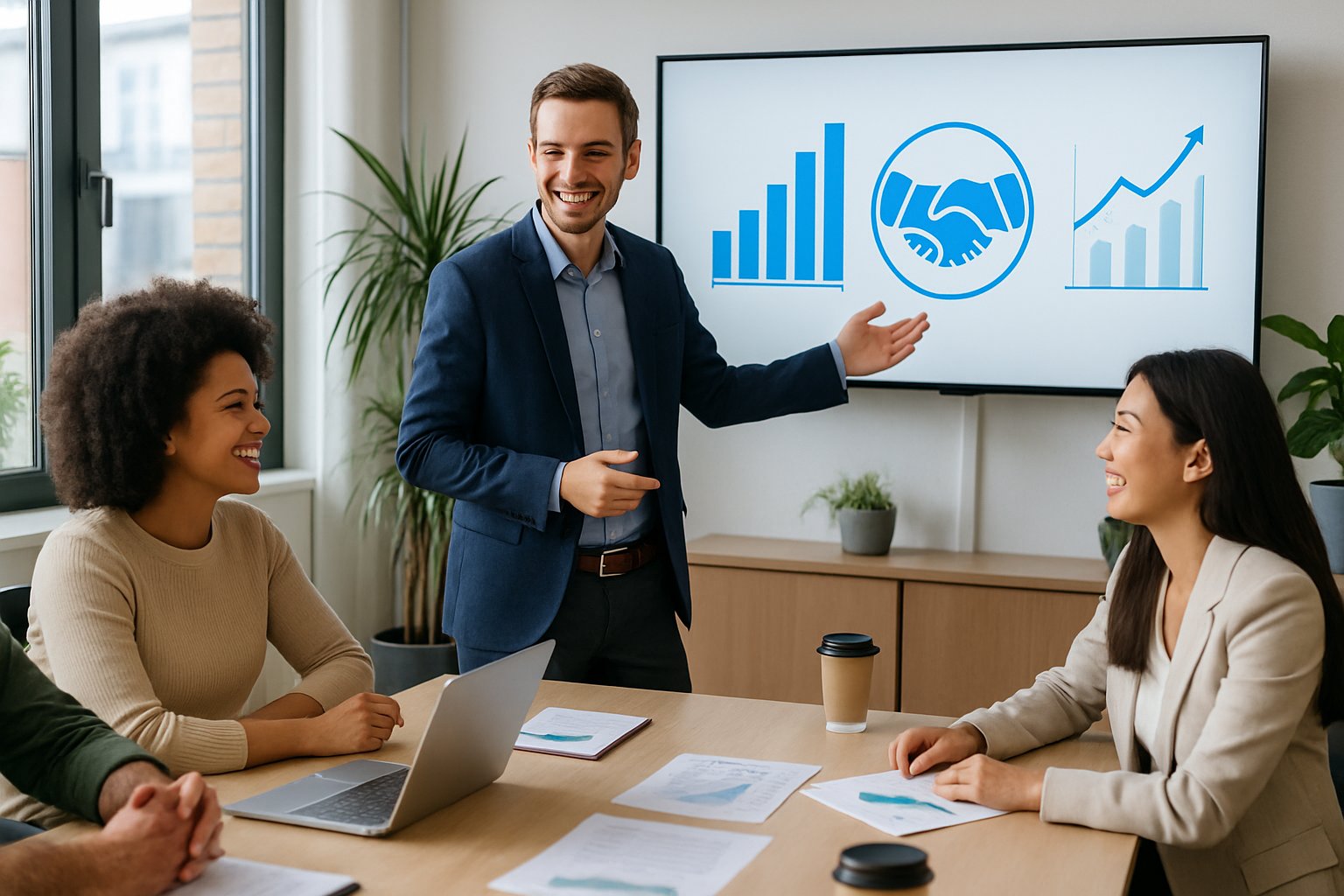 A diverse group of people having a meeting around a conference table with a digital screen displaying charts in a bright office.