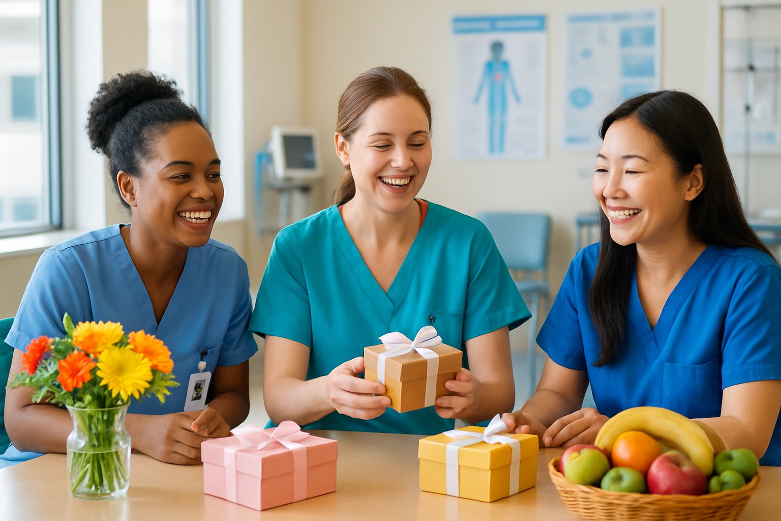 Three nurses in scrubs smiling and chatting around a table with gift boxes and flowers in a hospital break room.