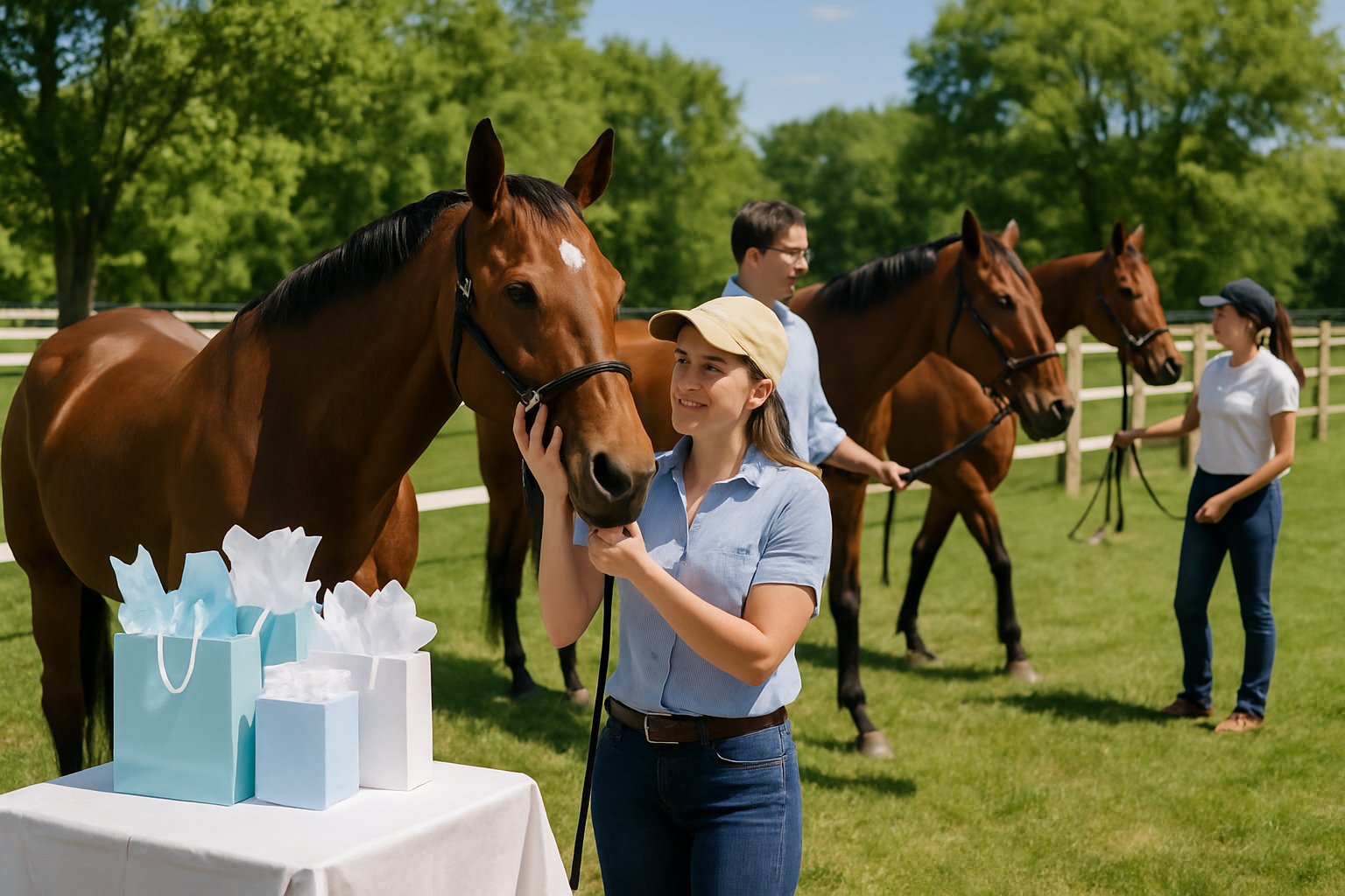 People interacting with horses in a sunny outdoor stable area with gift bags on a nearby table.