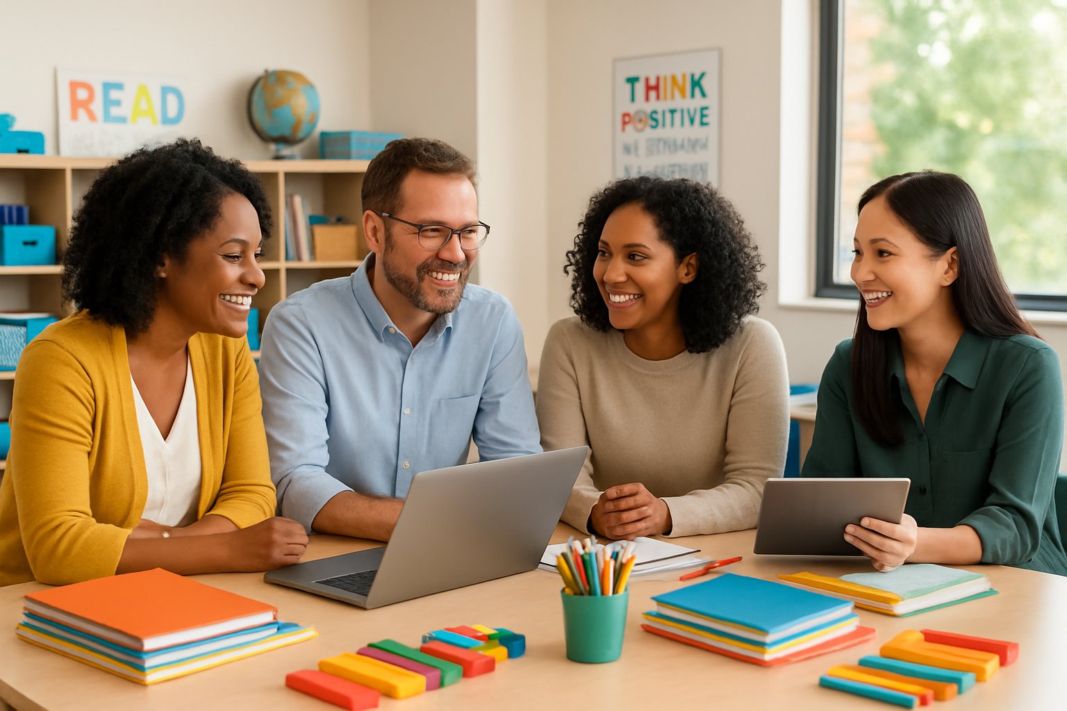 A group of diverse teachers smiling and working together around a table filled with educational supplies in a bright classroom.