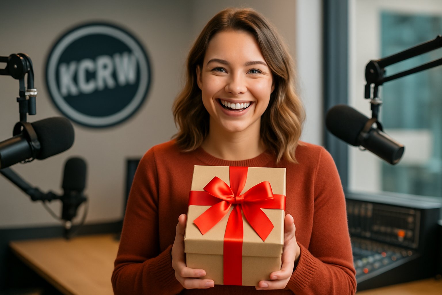 A young woman smiling and holding a wrapped gift box inside a radio station studio with microphones and sound equipment.