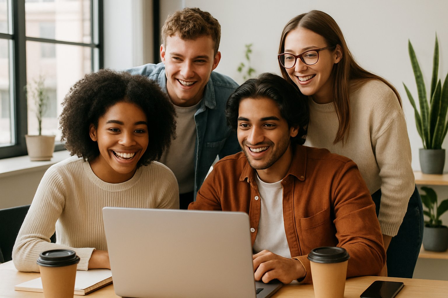A group of young adults gathered around a laptop in a bright office, smiling and engaged in discussion.