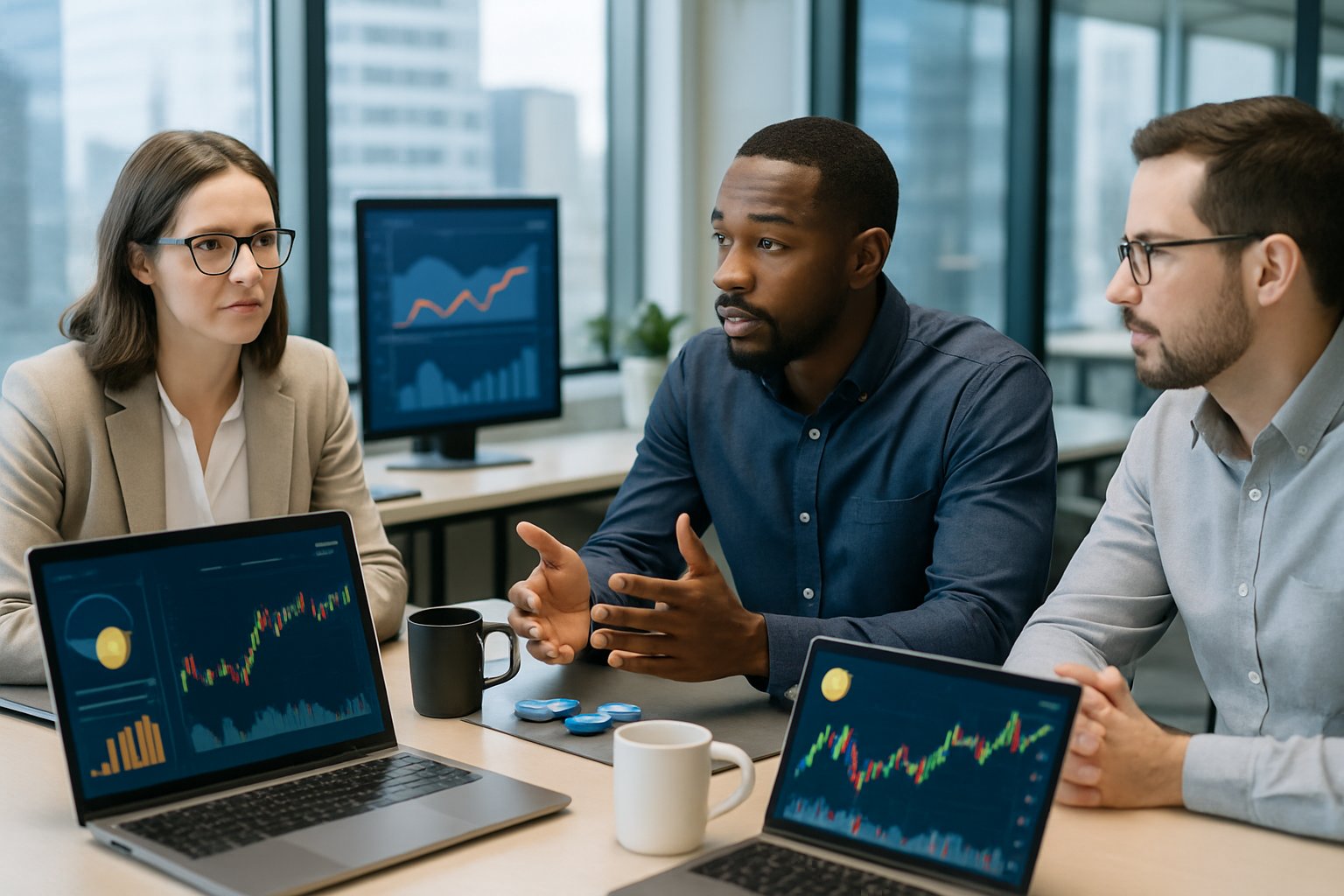 Business professionals discussing financial data on digital devices around a conference table in a modern office with a city skyline in the background.