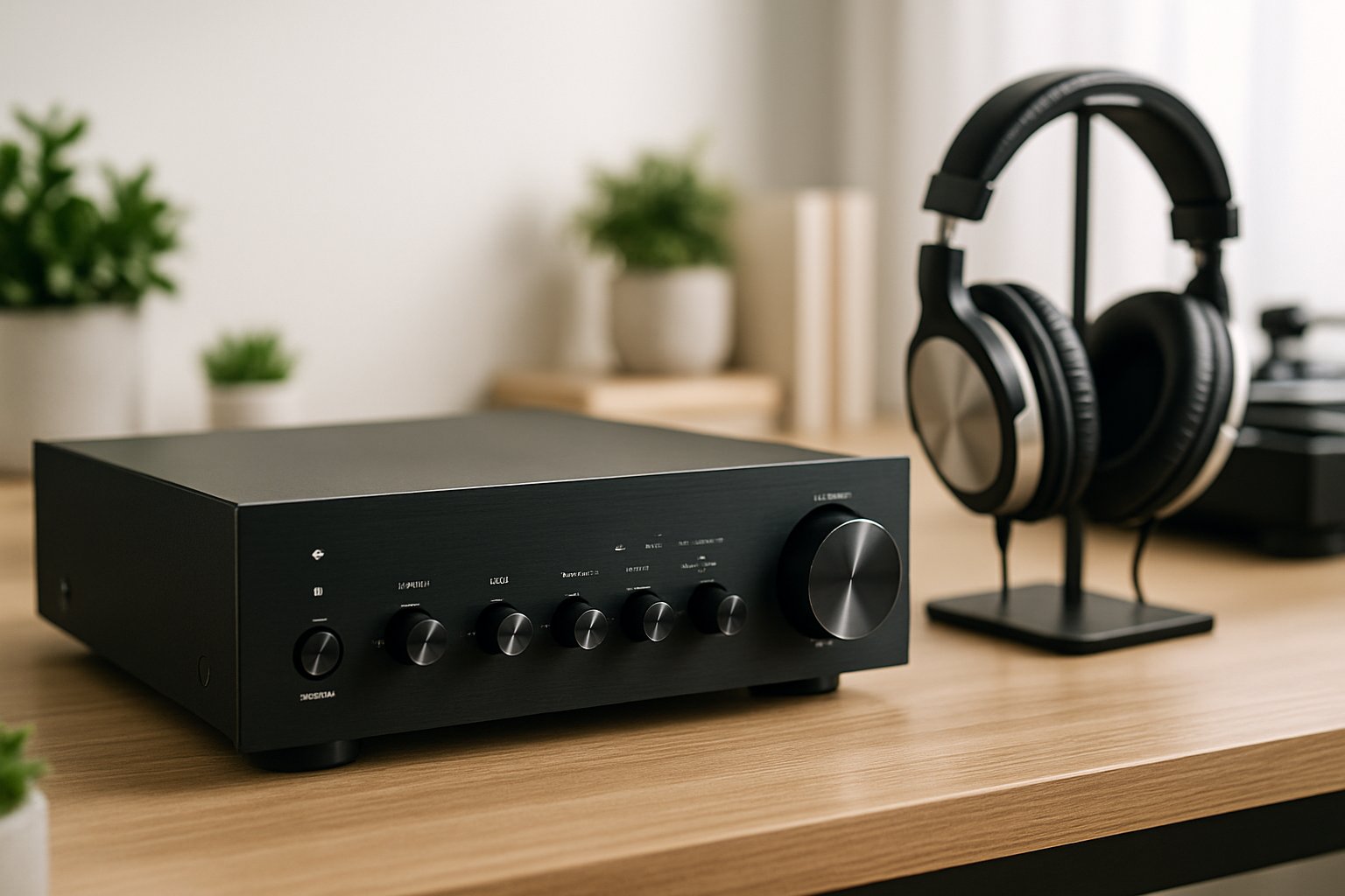 A black audio amplifier with silver knobs on a wooden table, accompanied by headphones and a vinyl record player in a bright room.
