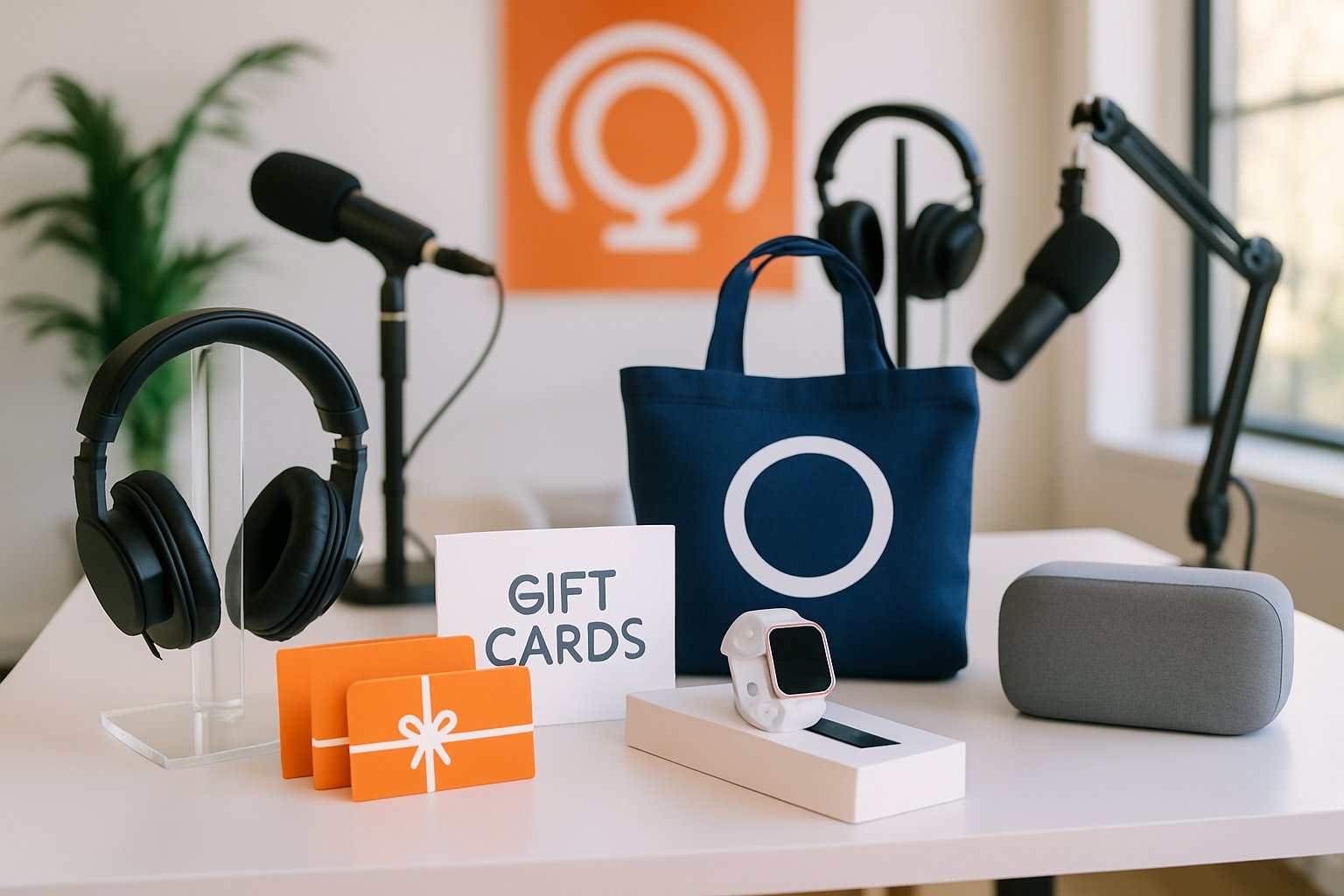 A table displaying various premium giveaway prizes including headphones, gift cards, and tech gadgets, with audio equipment in the background suggesting a radio station partnership.