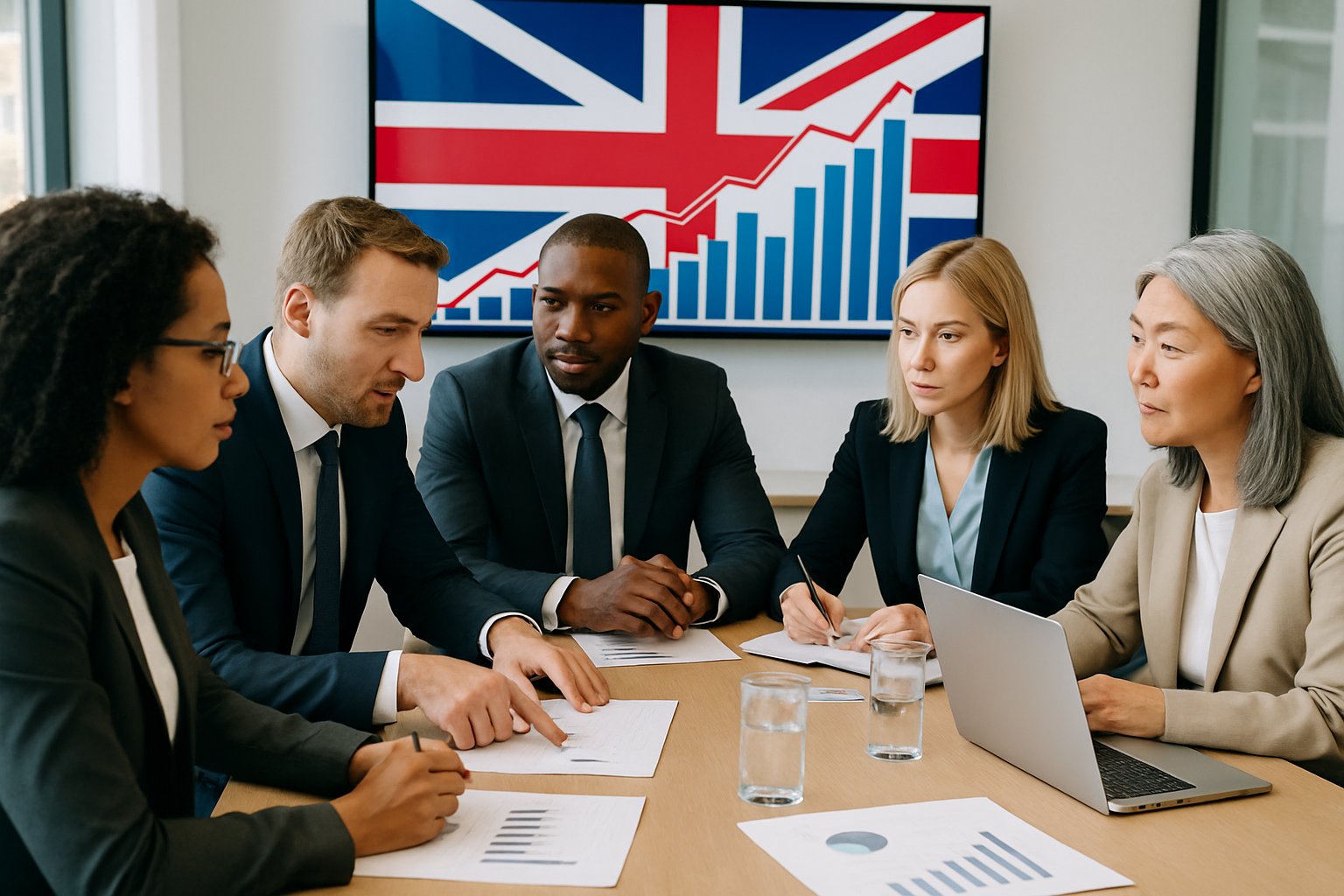 A group of business professionals discussing trade documents around a conference table in a modern office.