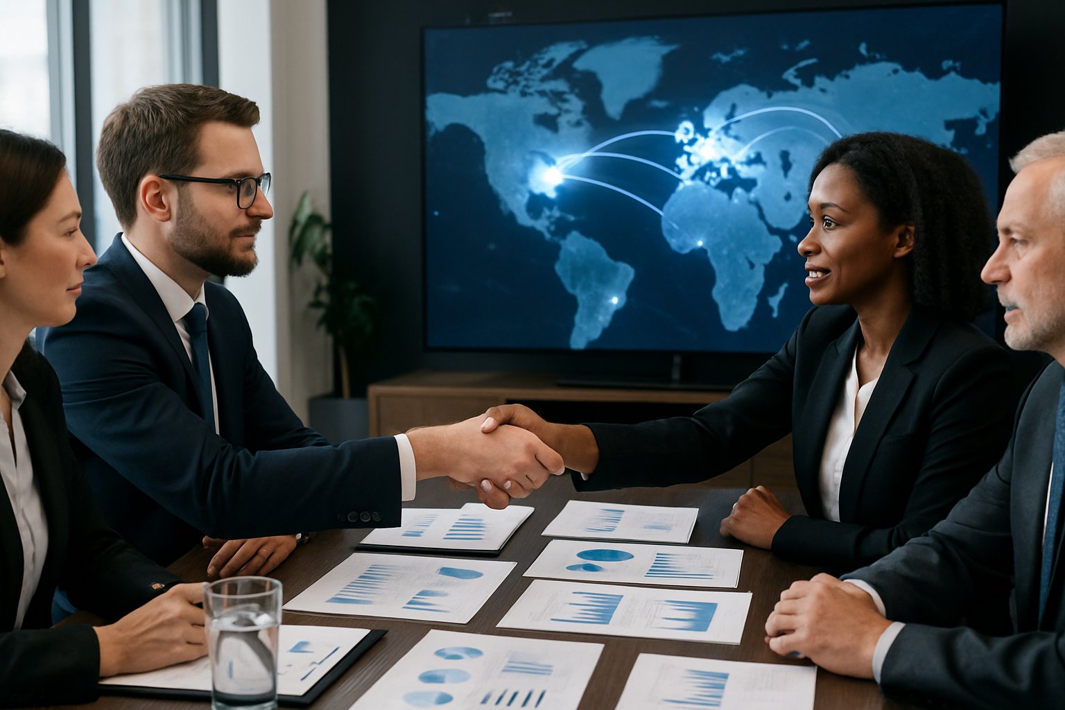 Business professionals shaking hands over a conference table with documents and a world map showing UK trade connections in the background.