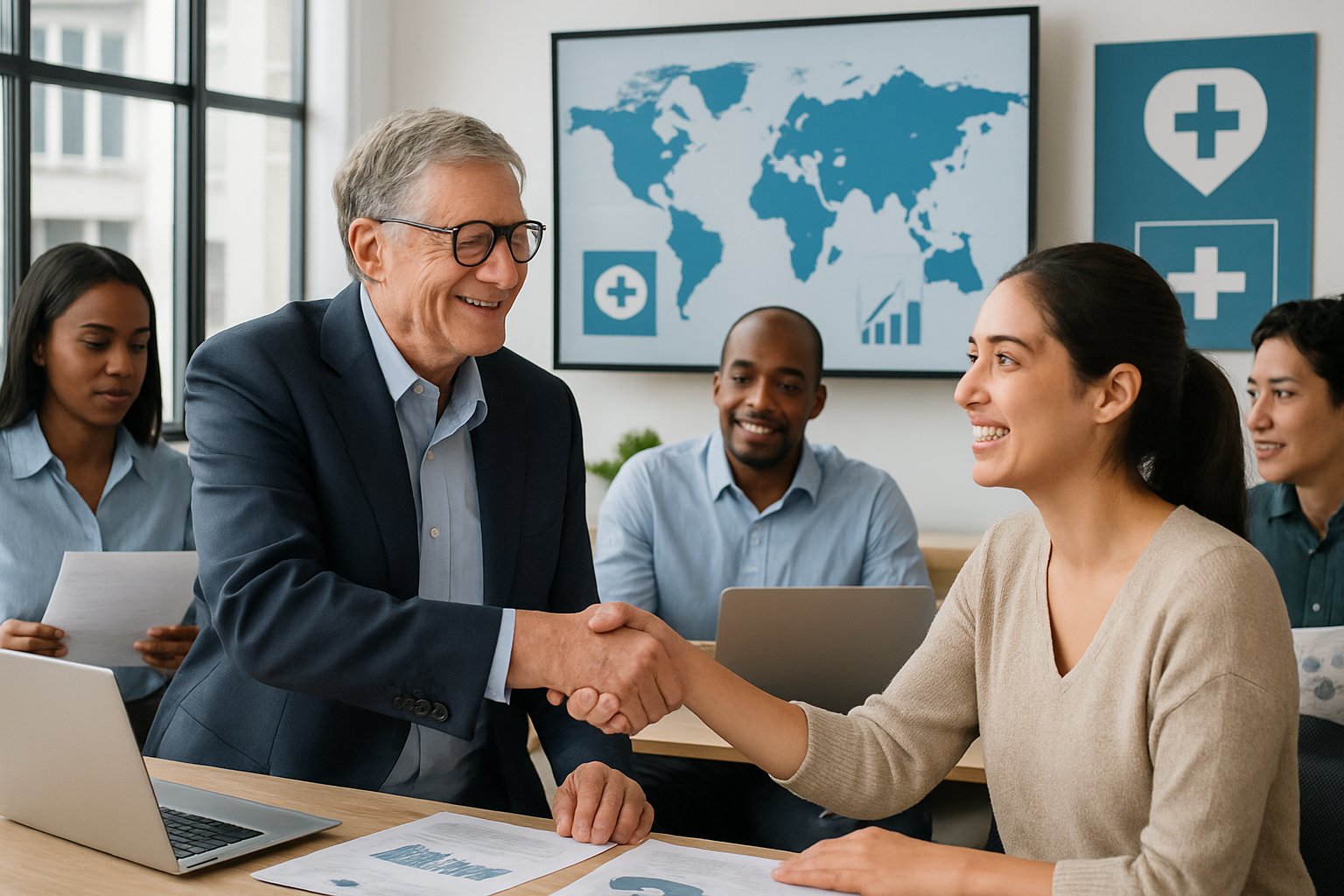 A diverse group of people collaborating in a bright conference room, shaking hands and discussing global development projects.