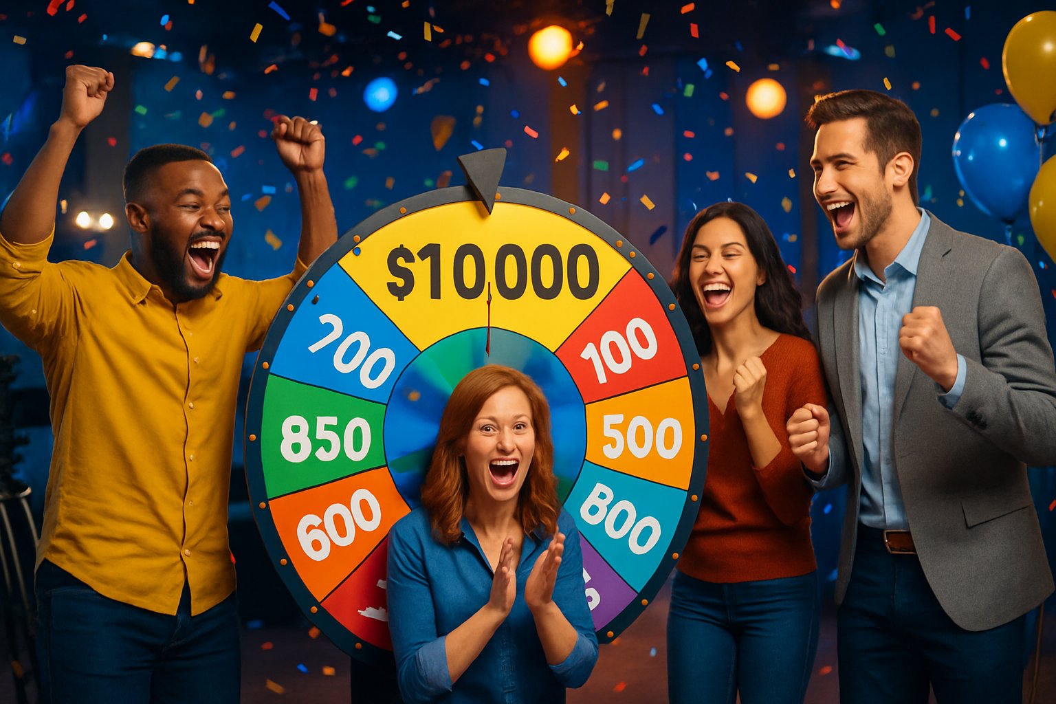 A group of excited contestants standing around a colorful spinning prize wheel in a television studio, celebrating a $10,000 giveaway.