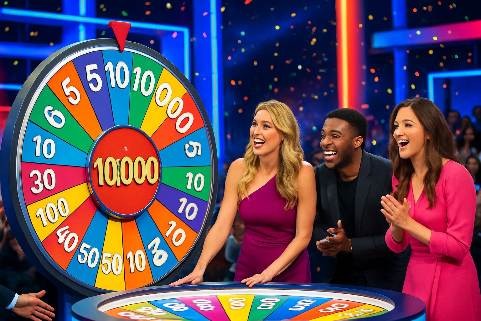A game show set with a large colorful spinning wheel, a host, and excited celebrity contestants in front of a lively audience.