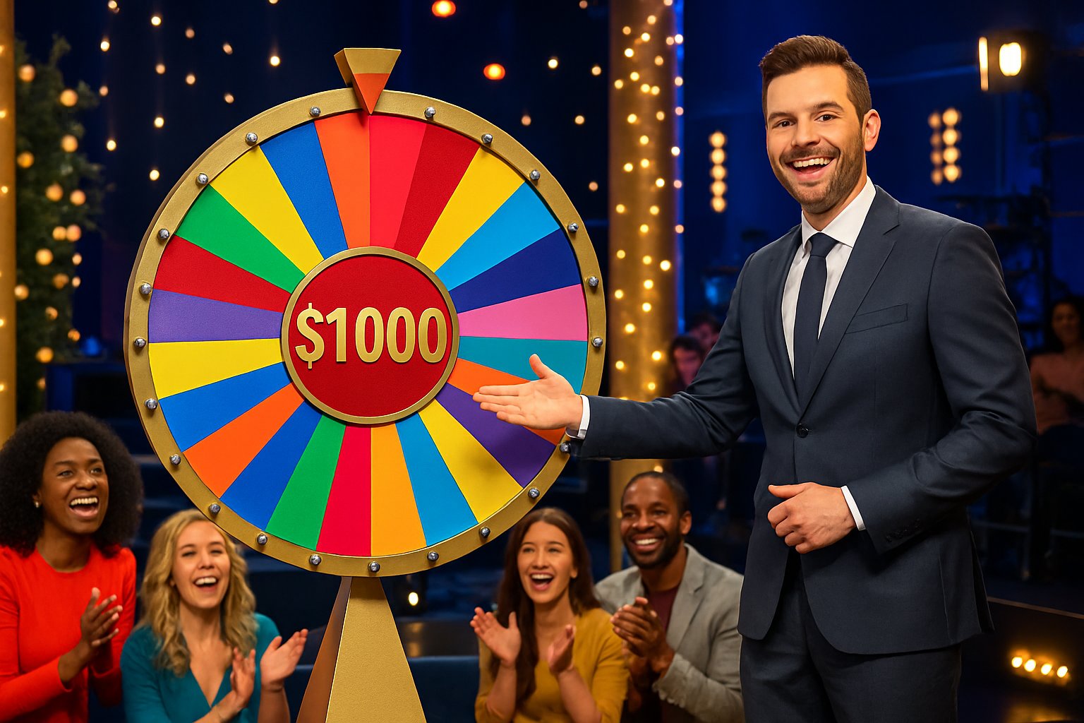 A game show host stands next to a large colorful prize wheel with excited contestants watching in a bright studio setting.
