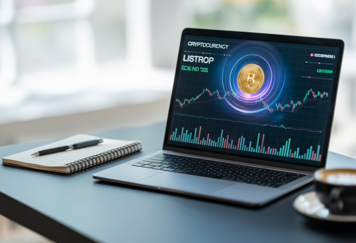 A laptop on a desk showing cryptocurrency charts and icons with office supplies nearby.