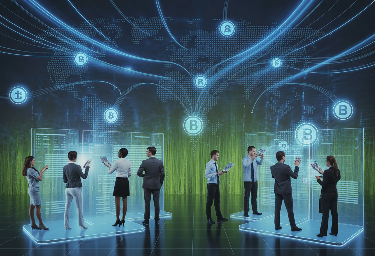 A group of professionals analyzing holographic digital interfaces showing a global network distributing digital tokens.
