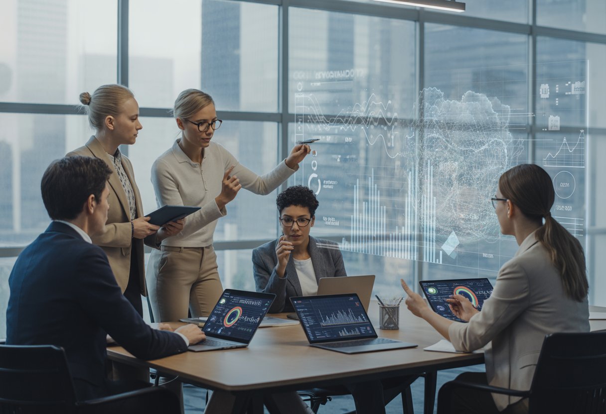 A group of professionals collaborating around a conference table with digital devices and data visualizations in a bright office.