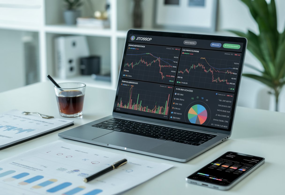 A workspace with a laptop showing colorful charts and graphs comparing cryptocurrency airdrops, a smartphone with a calendar, documents, and a cup of coffee on a desk.