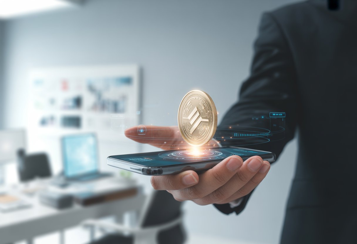 A person holding a smartphone with a glowing digital coin floating above the screen in a modern office setting.