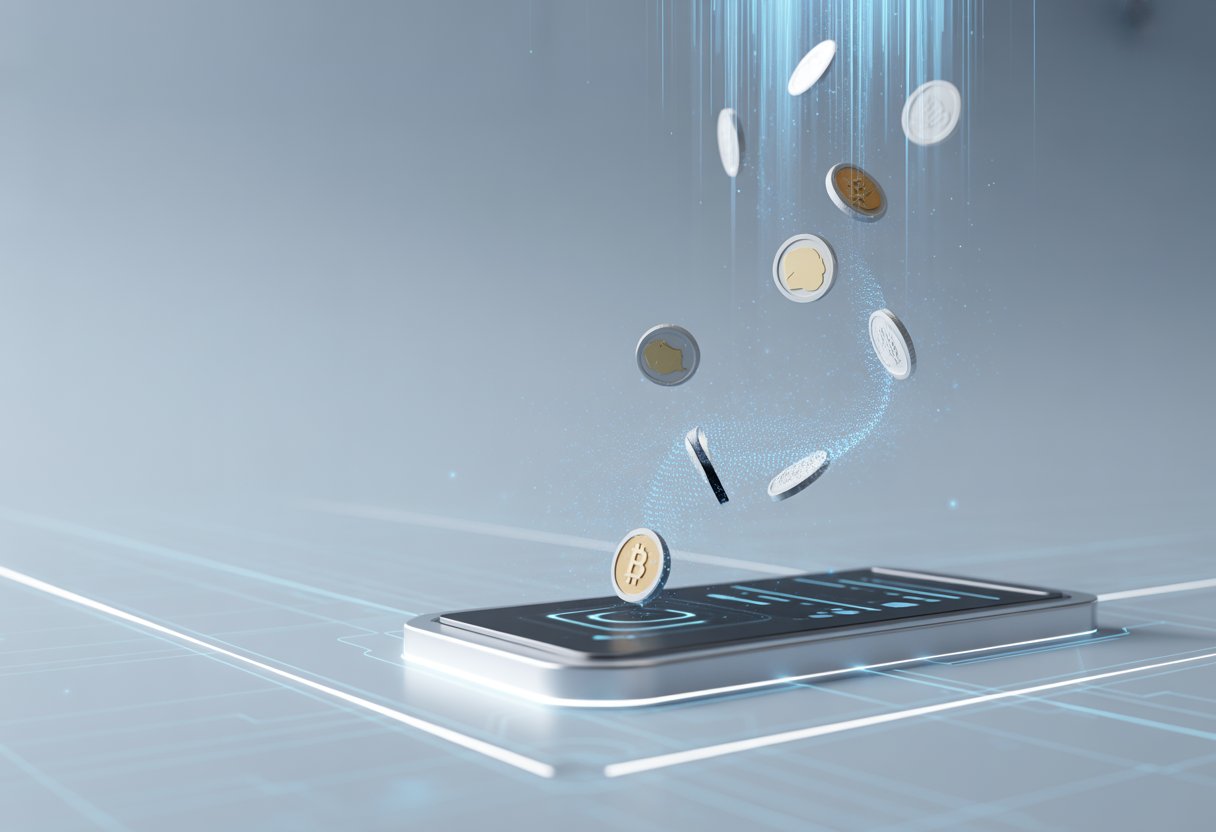 A futuristic digital interface showing floating cryptocurrency tokens gently descending against a blue abstract background.