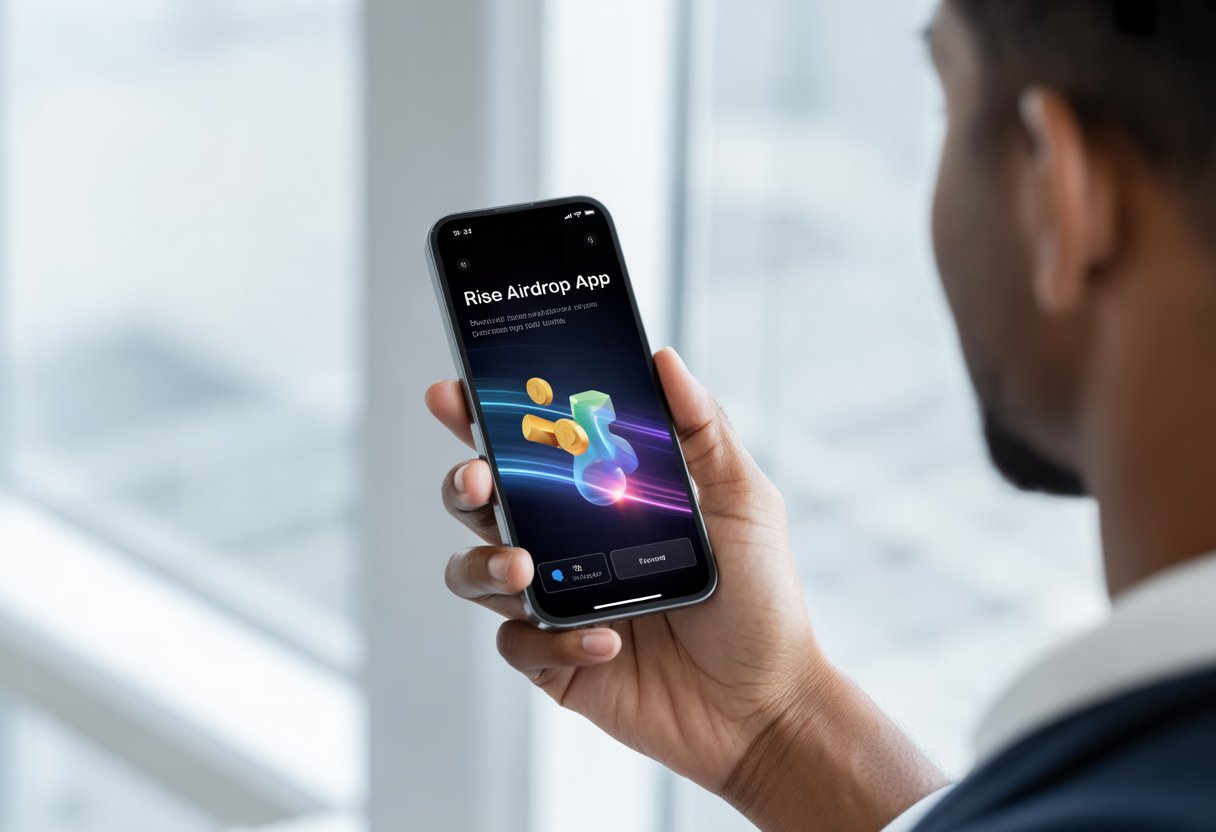 A hand holding a smartphone displaying a digital app interface with colorful graphics symbolizing wireless transfer of digital tokens.