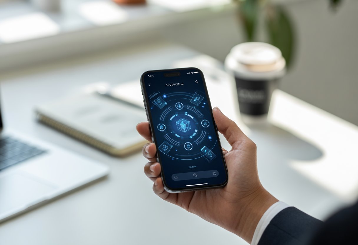 A person holding a smartphone showing a futuristic app interface with digital icons, set against a bright workspace with a laptop and coffee cup.
