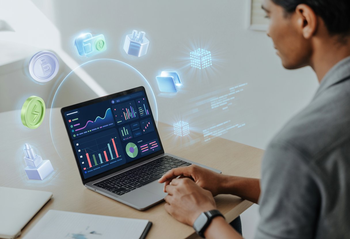 A person using a laptop displaying digital graphs and holographic icons related to cryptocurrency in a modern office.