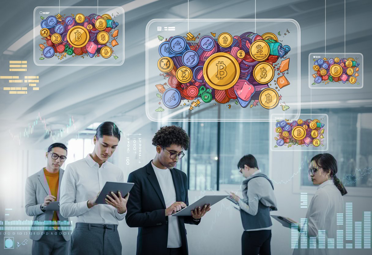 A group of young professionals analyzing colorful digital cryptocurrency icons and price charts on transparent screens in a modern workspace.