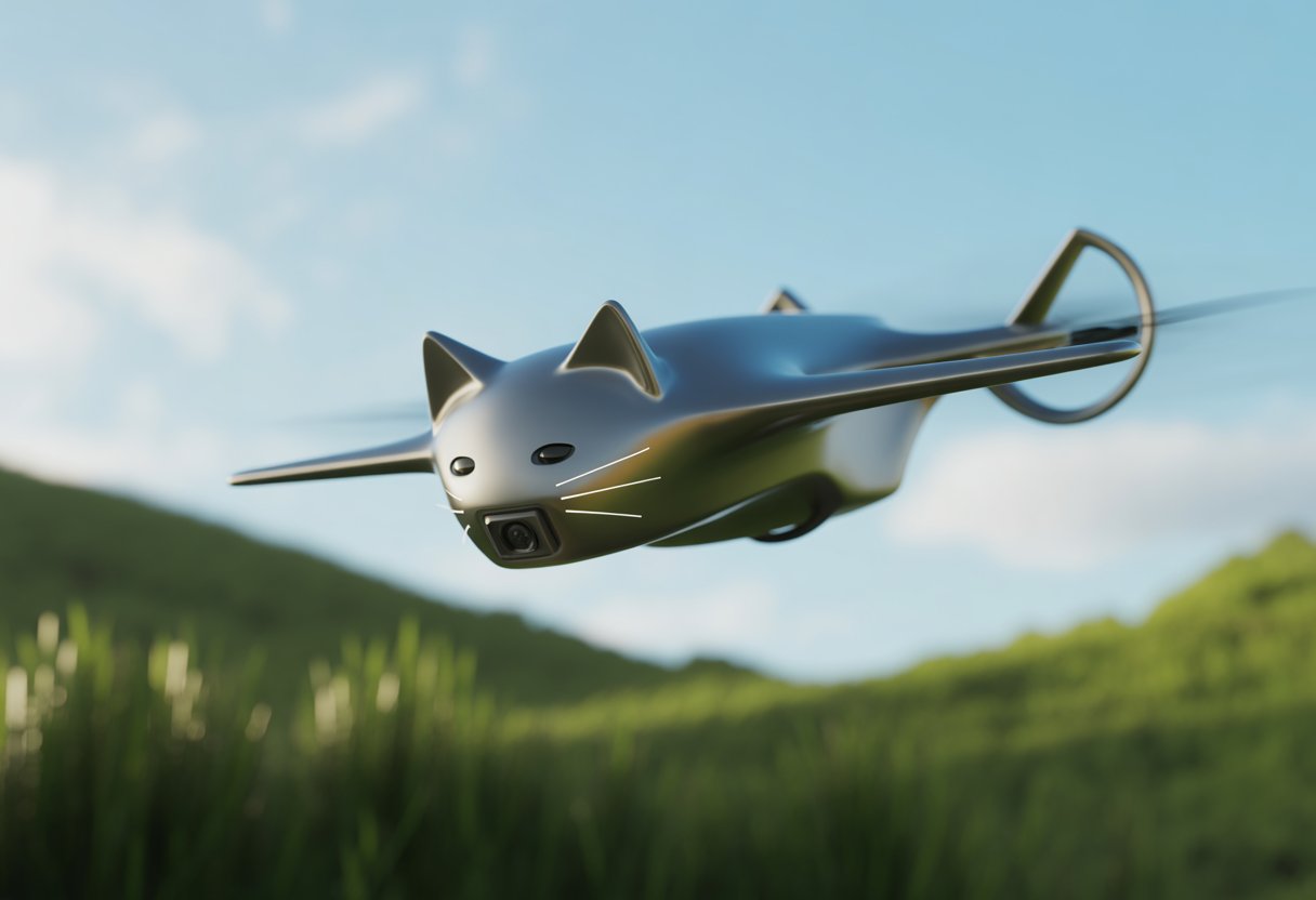 A futuristic cat-shaped drone descending over a green landscape under a clear blue sky.