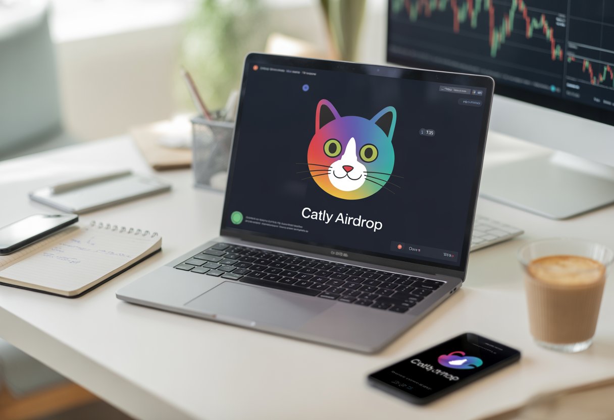 A workspace with a laptop showing a colorful cat-themed digital token, a smartphone with a digital wallet app, a notepad, and a cup of coffee.