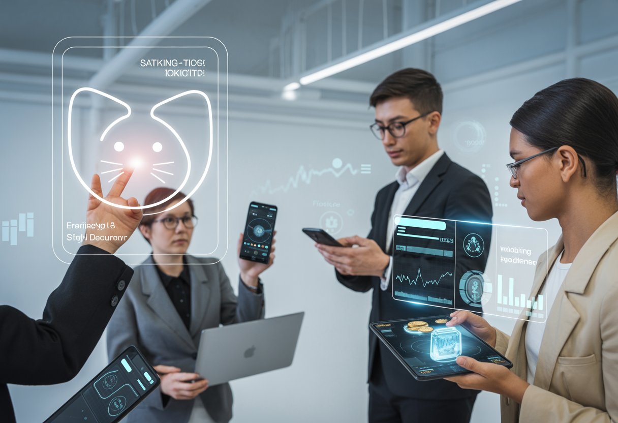 People interacting with digital interfaces showing cat-shaped tokens and financial data in a modern office setting.