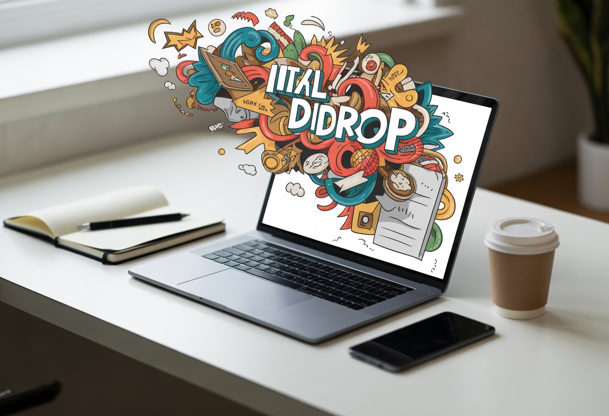 A laptop on a clean desk with colorful doodle illustrations floating above the screen, surrounded by office items like a notebook, pen, coffee cup, and smartphone.