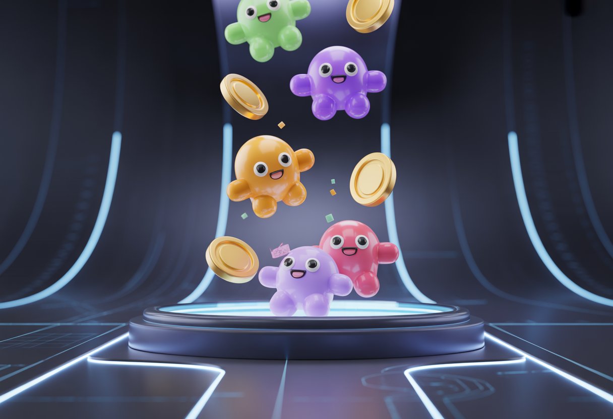 Floating colorful cartoon-like characters and digital tokens descending in a futuristic digital environment representing an NFT airdrop.