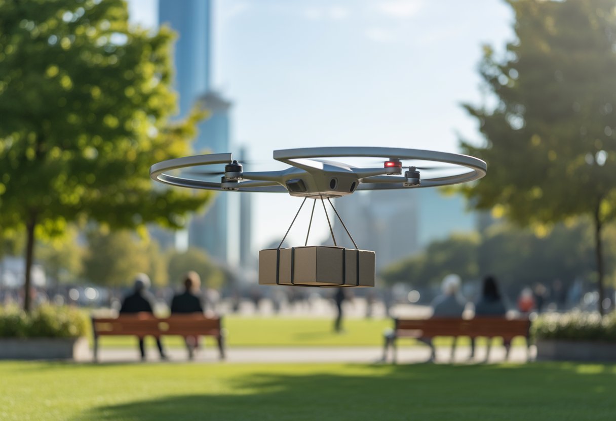 A drone carrying a small package flying over a green park with people in the background.