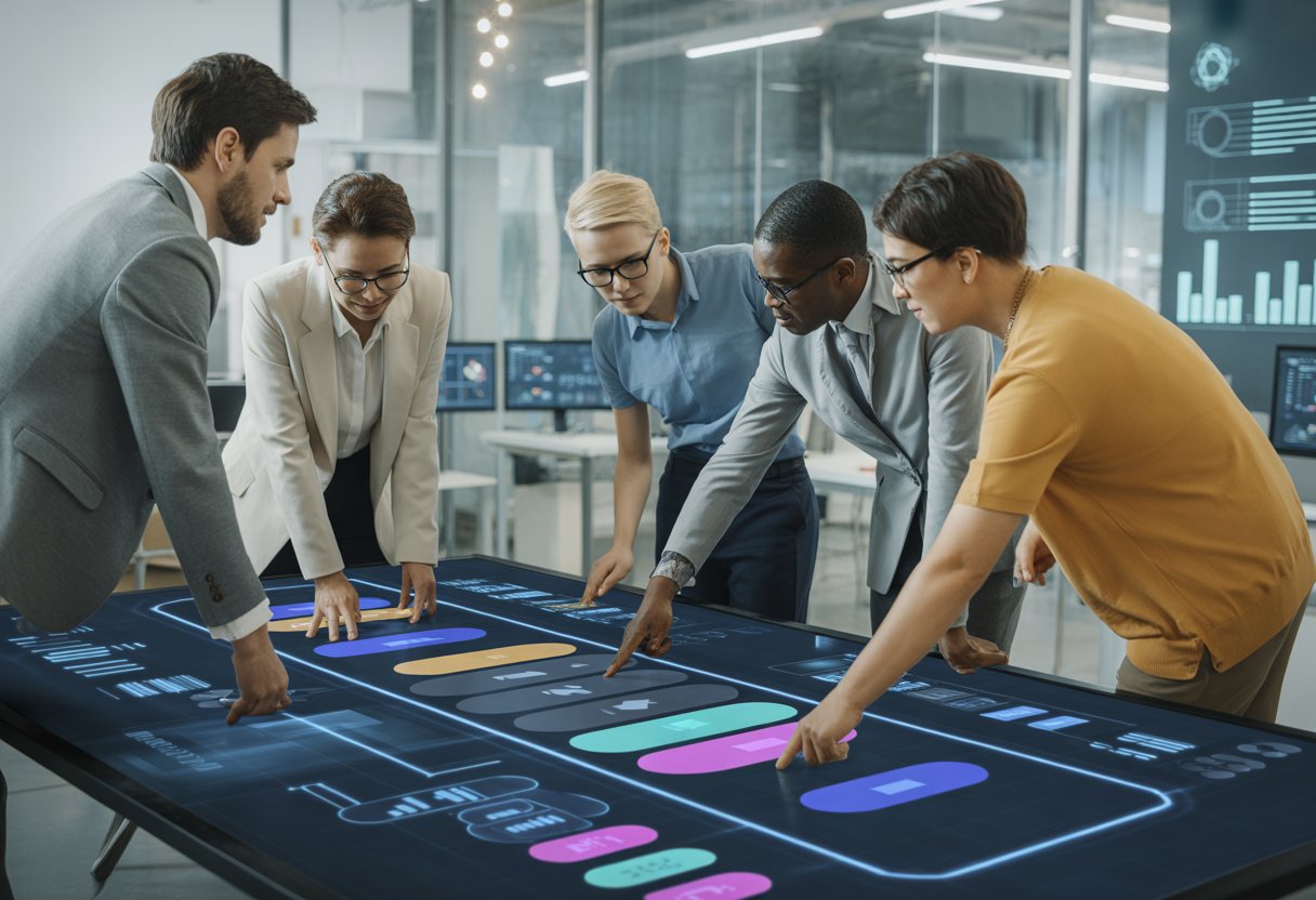 A group of professionals collaborating around a digital touchscreen table displaying data and charts related to eligibility and distribution processes.
