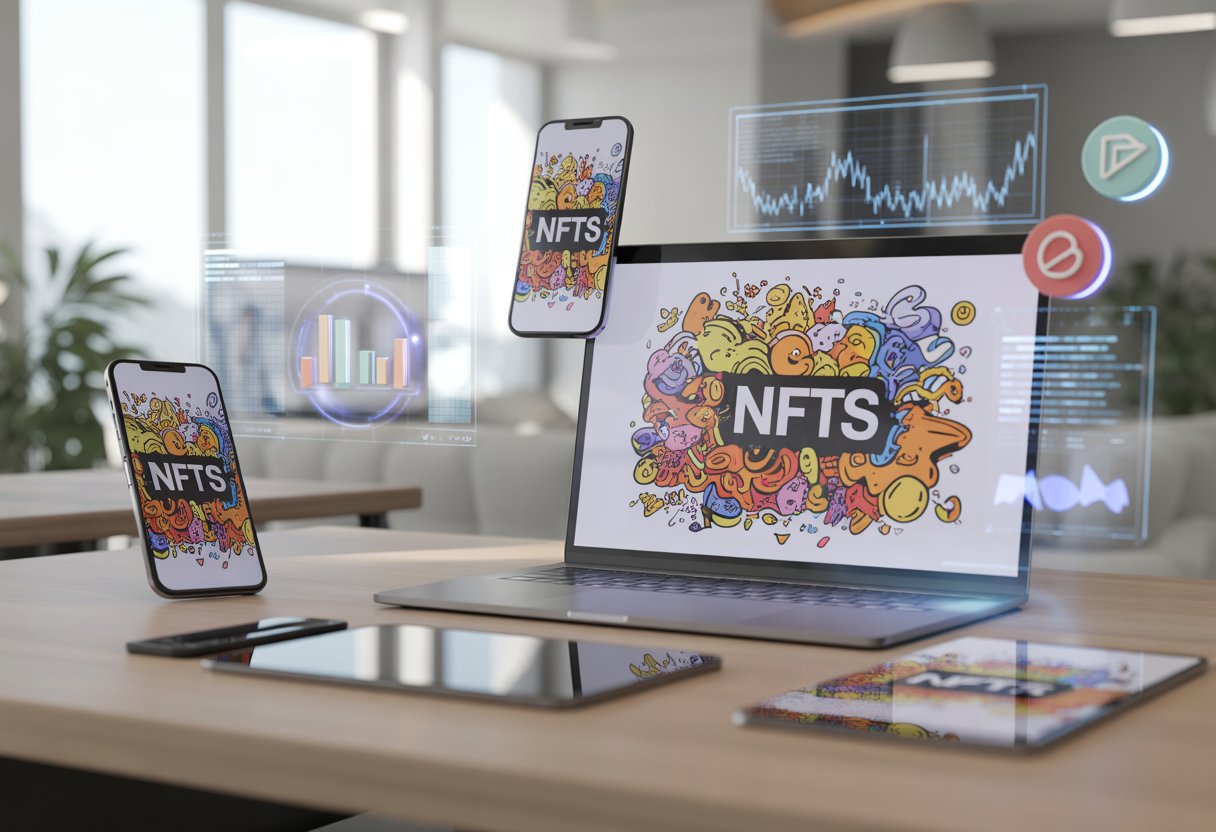 A digital workspace with a laptop and devices displaying colorful cartoon-style digital art representing NFTs and airdrops.