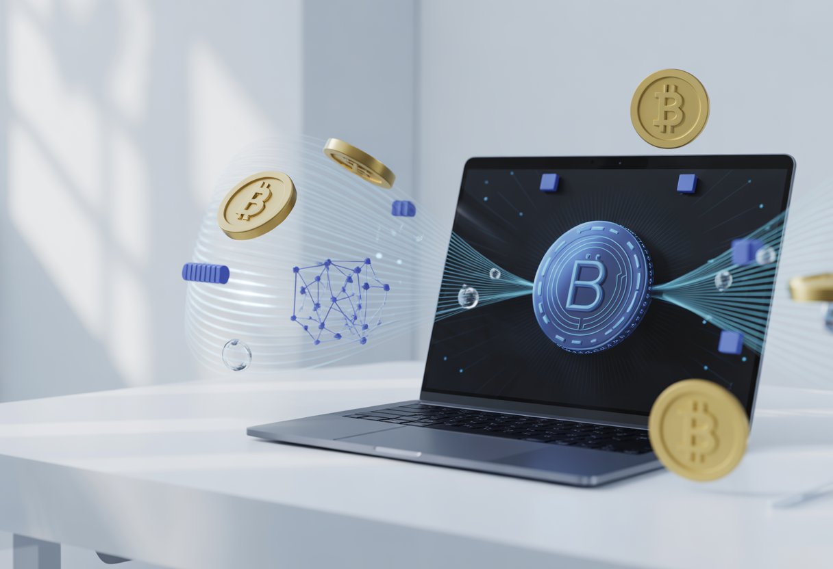 A modern workspace with a laptop showing digital cryptocurrency graphics and floating coin icons representing a digital airdrop.