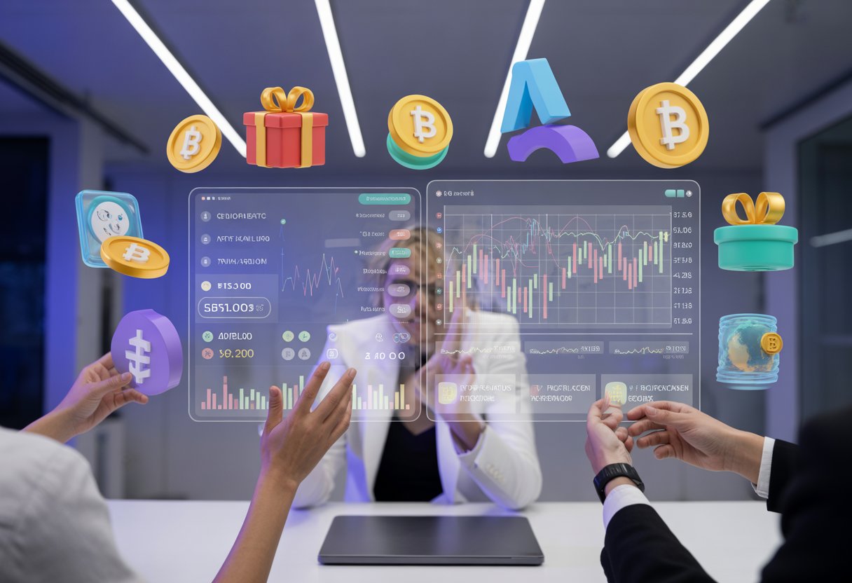 A futuristic office scene with professionals interacting with holographic screens showing cryptocurrency trading charts and colorful icons representing NFTs, airdrops, and token utilities.