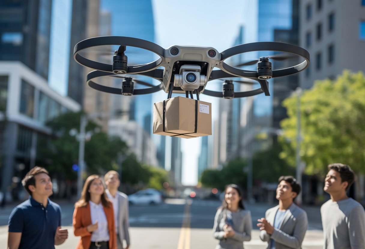 A drone releasing a small package mid-air over a city street with people looking up.