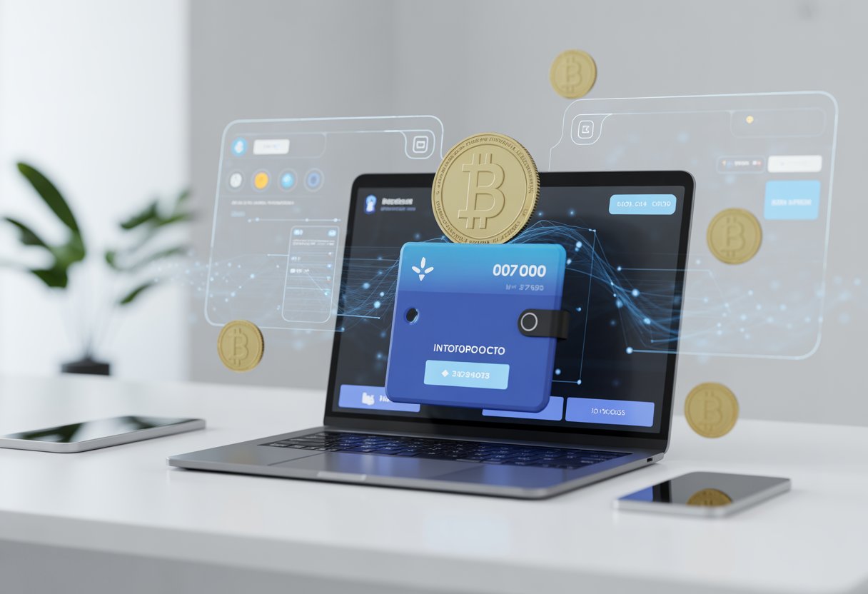 A laptop on a desk showing a digital wallet interface with floating digital coins around it, symbolizing a cryptocurrency airdrop.