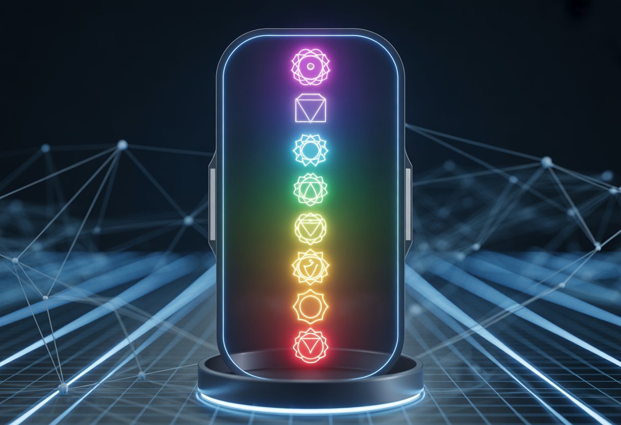 A futuristic digital interface showing colorful chakra symbols aligned vertically with a background of interconnected network nodes.