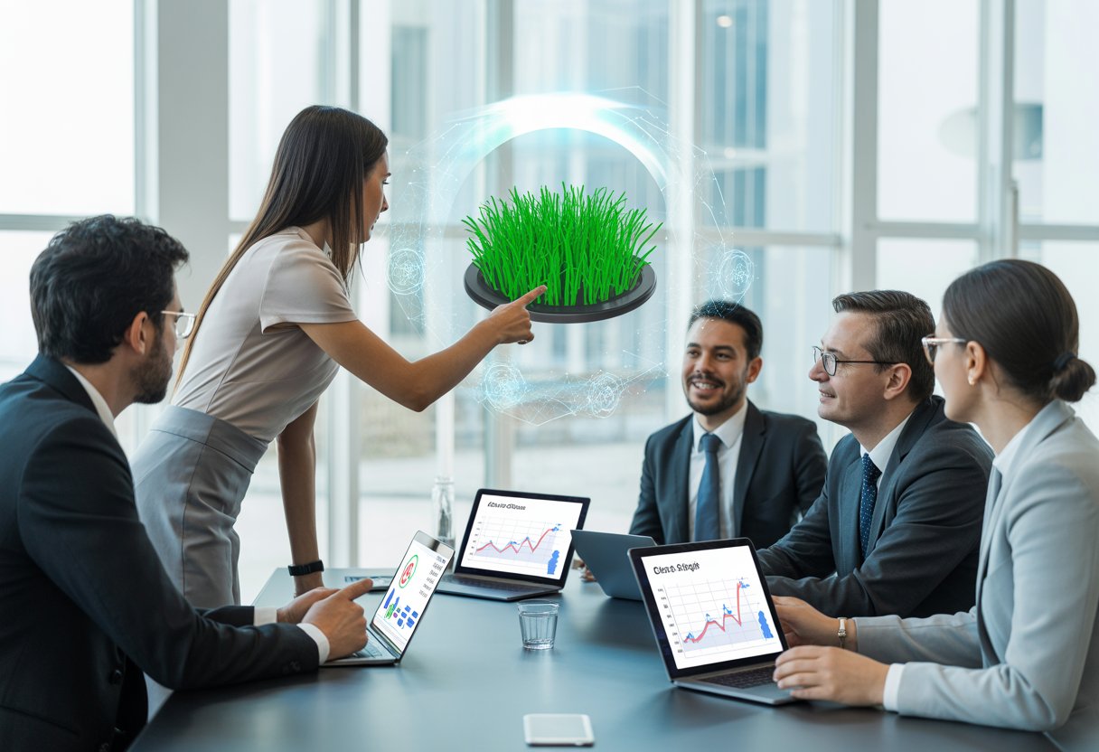 A group of business professionals collaborating around a table with digital devices showing data and a green airdrop symbol in a bright office.