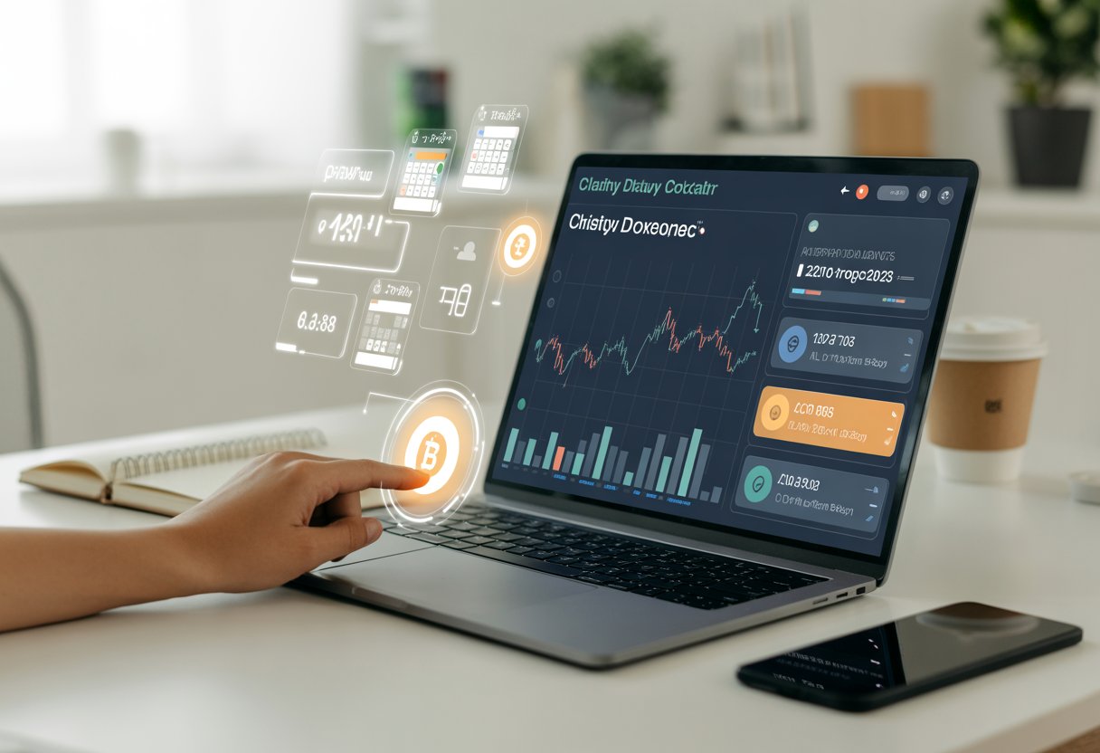 A person using a laptop showing digital charts and notification icons related to a cryptocurrency claim process in a bright office setting.
