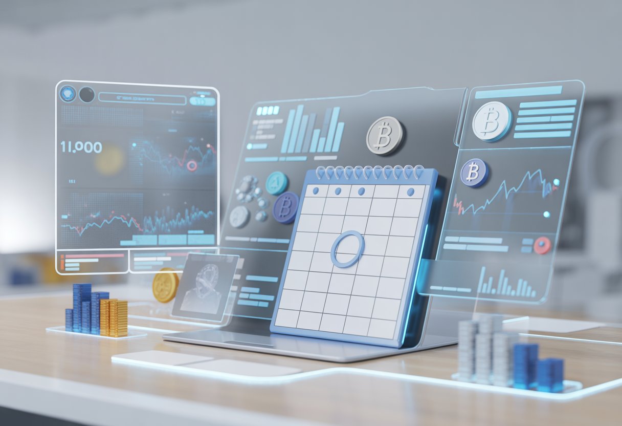 A futuristic digital workspace showing transparent screens with charts and a calendar highlighting an important date related to cryptocurrency.