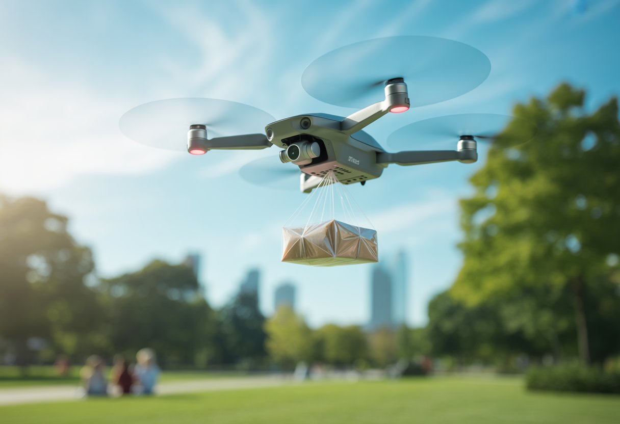 A drone releasing a small package mid-air over a green urban park with people in the background.