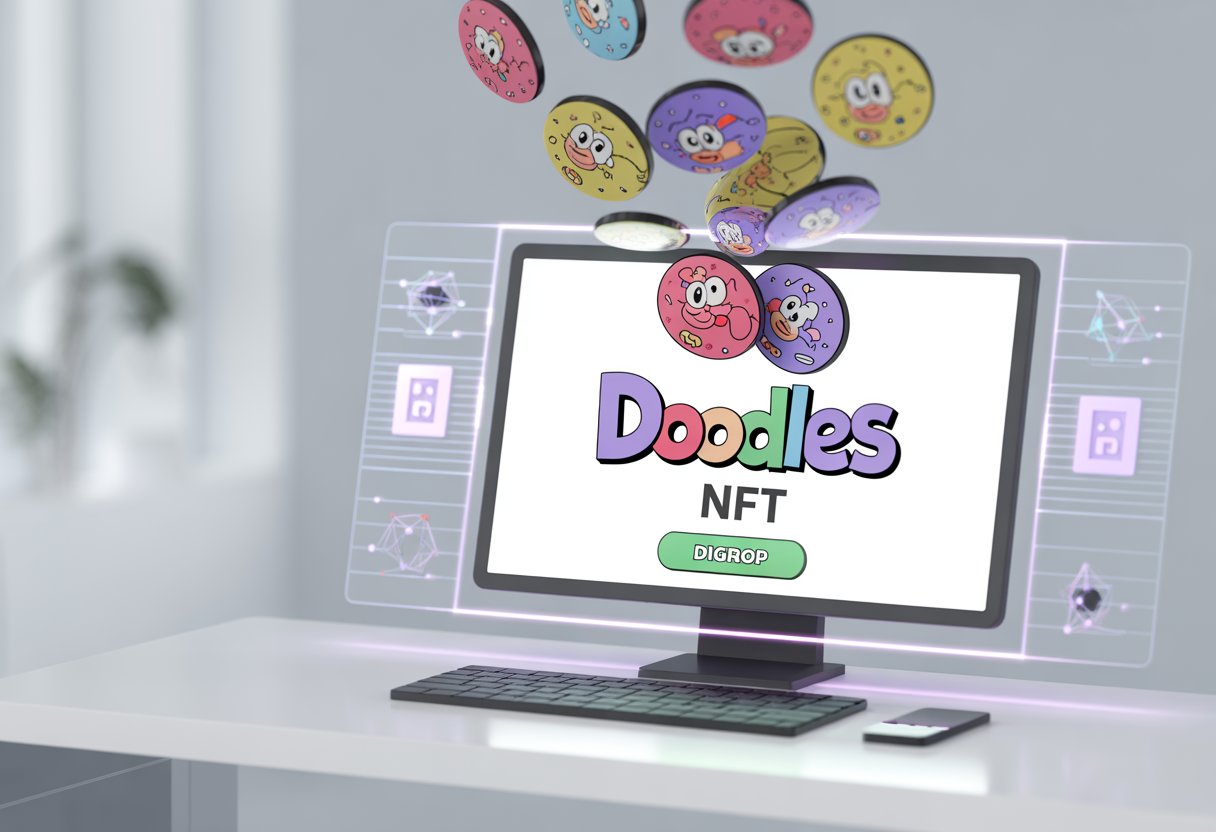 A computer screen showing colorful doodle characters floating down in a modern workspace with blockchain graphics around.
