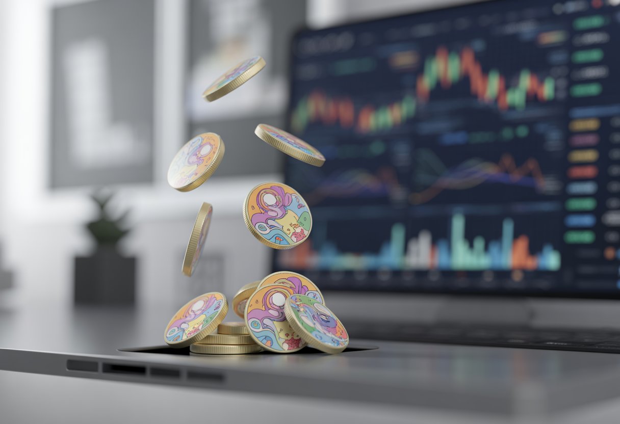 Floating colorful doodle-style tokens descending in a modern workspace with a blurred computer screen showing financial graphs in the background.
