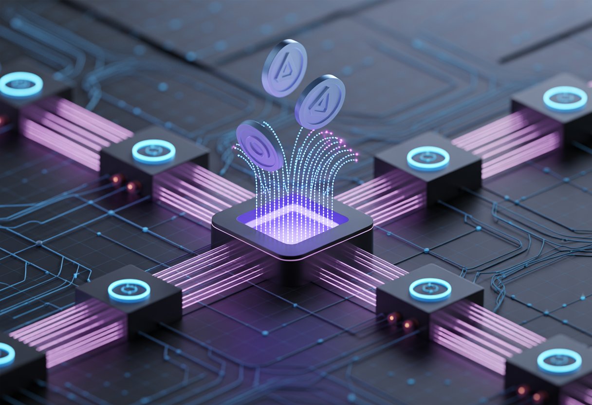 A digital network with glowing nodes and floating cryptocurrency tokens spreading out from a central point, representing a blockchain airdrop.