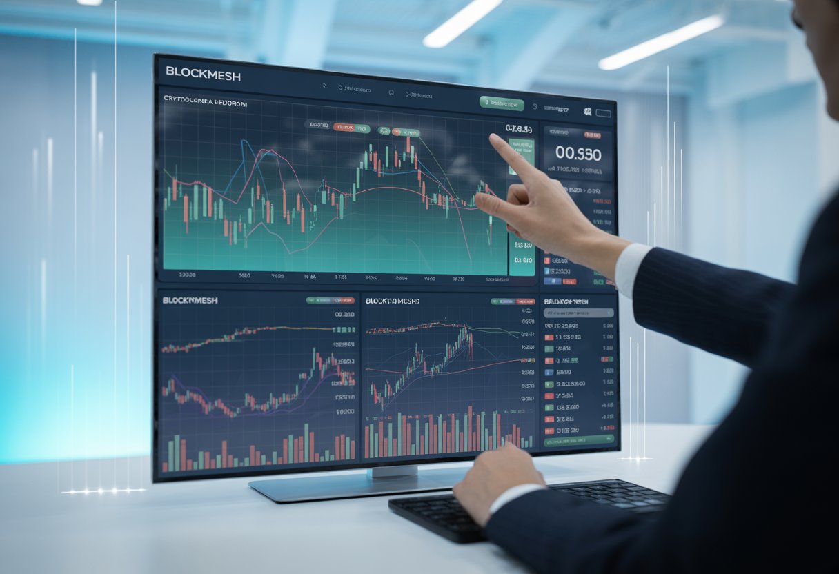 A person analyzing colorful cryptocurrency price charts on transparent digital screens in a modern office.