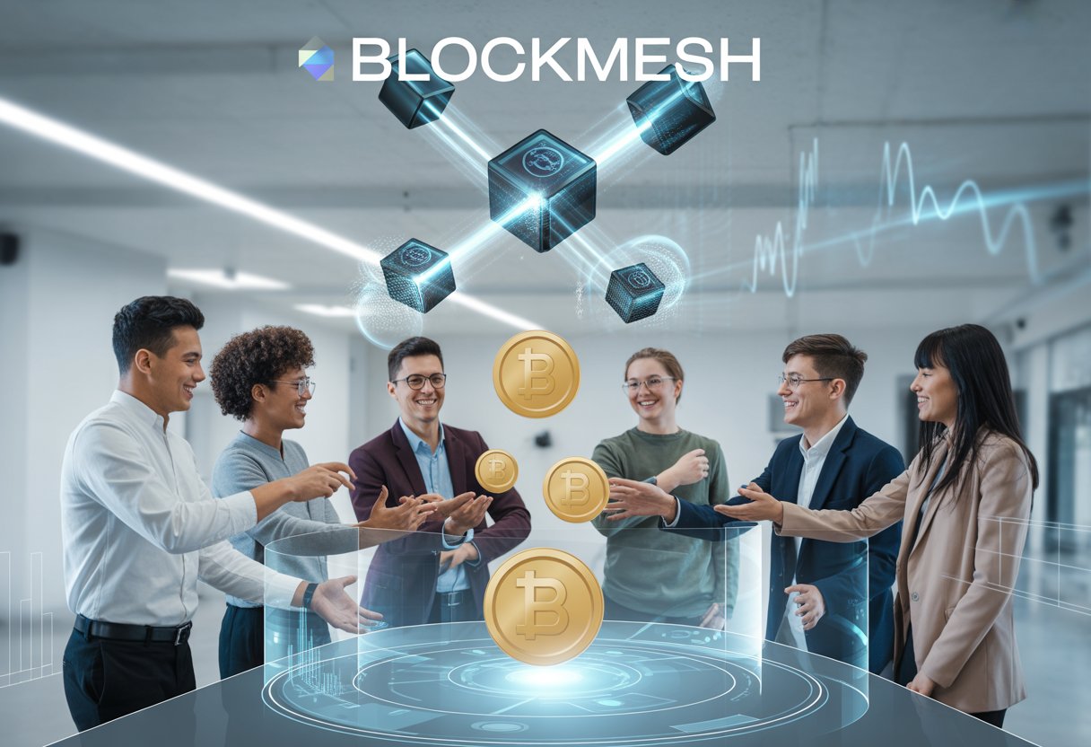 A group of young professionals interacting with floating digital coins and blockchain nodes connected by glowing lines in a modern office setting.