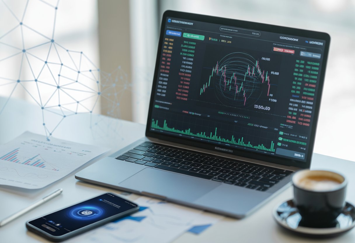 A modern workspace with a laptop showing digital financial charts and blockchain network visuals, surrounded by a smartphone, documents, and a coffee cup on a clean desk.