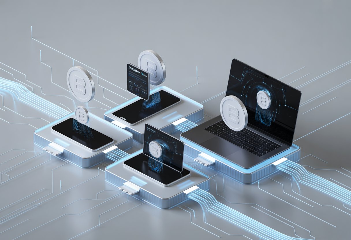 Digital network with interconnected devices receiving floating digital tokens representing blockchain airdrop distribution.